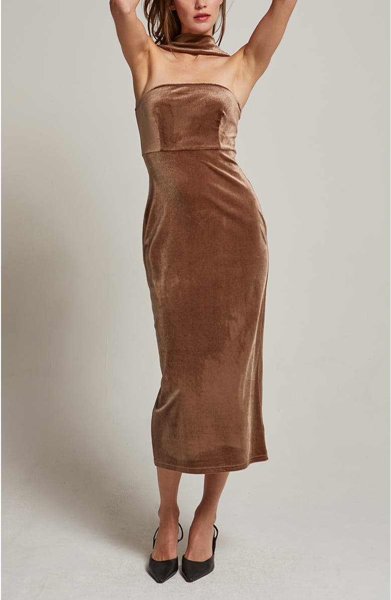 CRESCENT Halter Neck Velvet Tube Midi Dress, Alternate, color, Mocha Mousse
