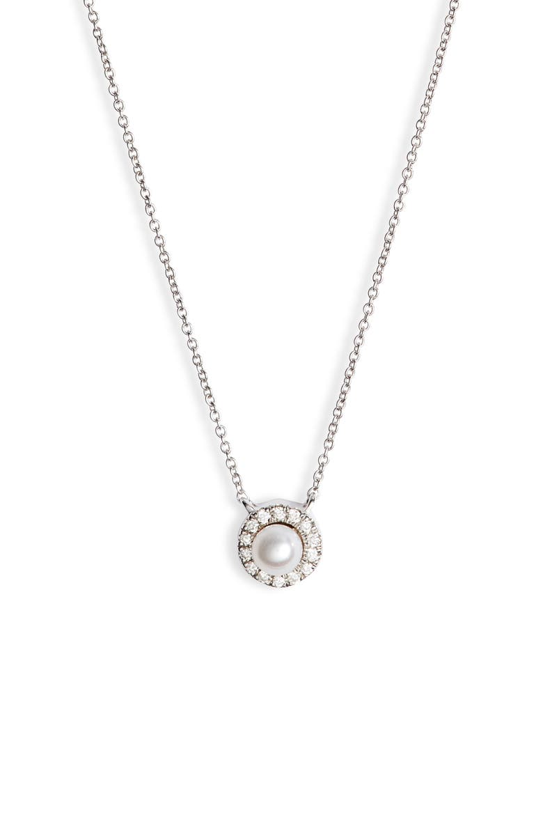 Halo Pavé Diamond & Pearl Pendant Necklace, Main, color, WHITE GOLD