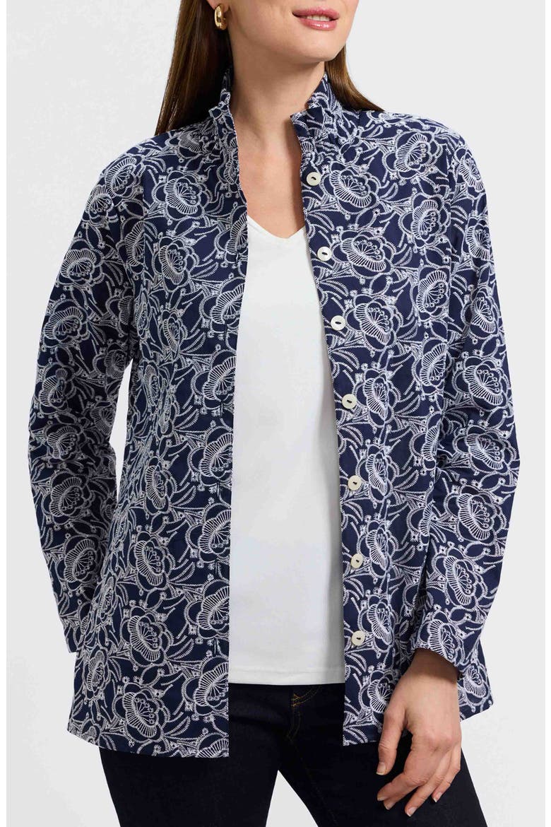 Carolina Floral Embroidered Cotton Button-Up Shirt, Main, color, NAVY/WHITE