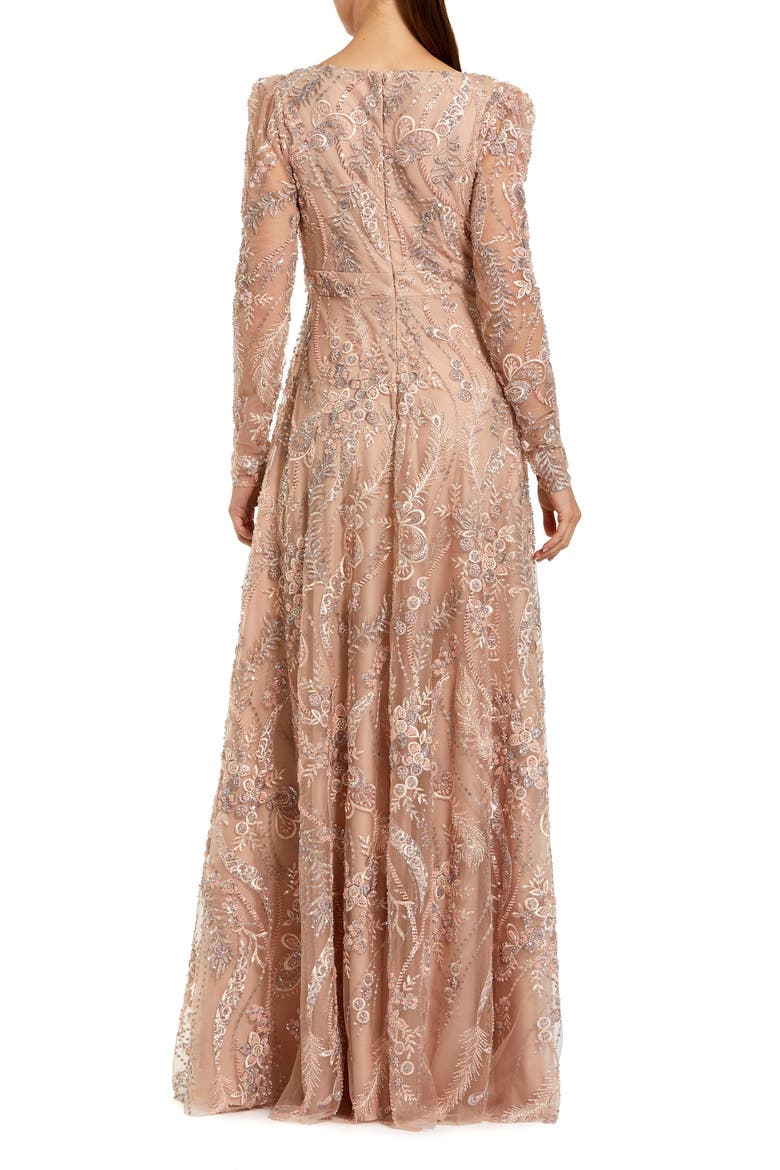 Floral Embroidered V-Neck Long Sleeve Gown, Alternate, color, Taupe