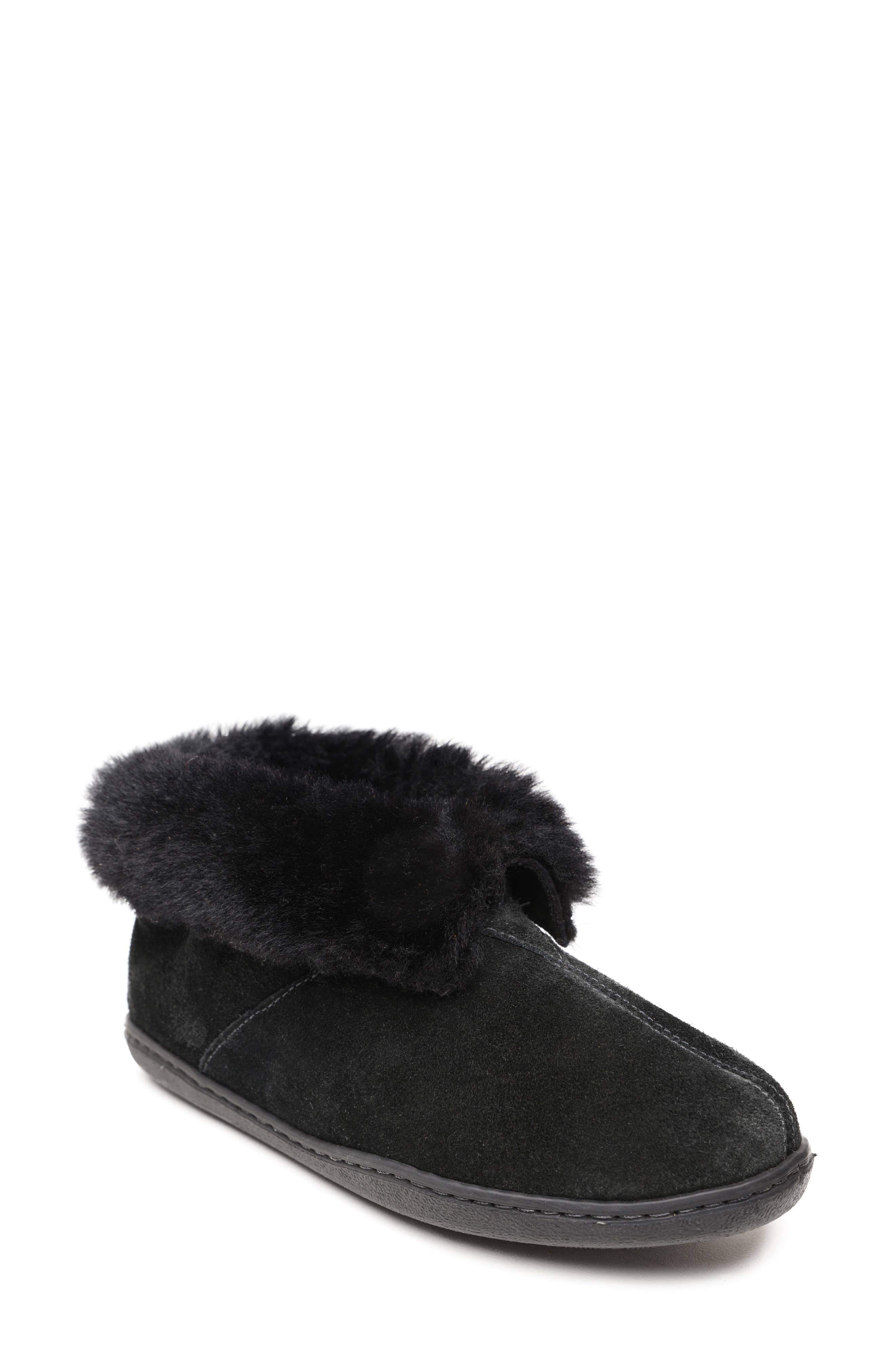 Minnetonka Genuine Sheepskin & Suede Slipper, Main, color, Black