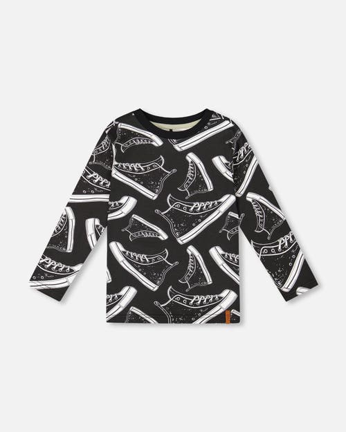 Deux Par Deux Long Sleeve Organic Cotton Allover Tee In Black