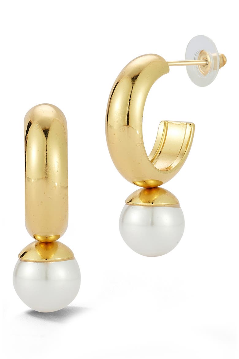 Faux Pearl Drop Hoop Earrings, Main, color, GOLD