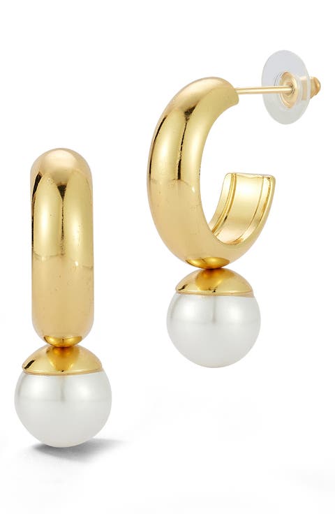 Faux Pearl Drop Hoop Earrings