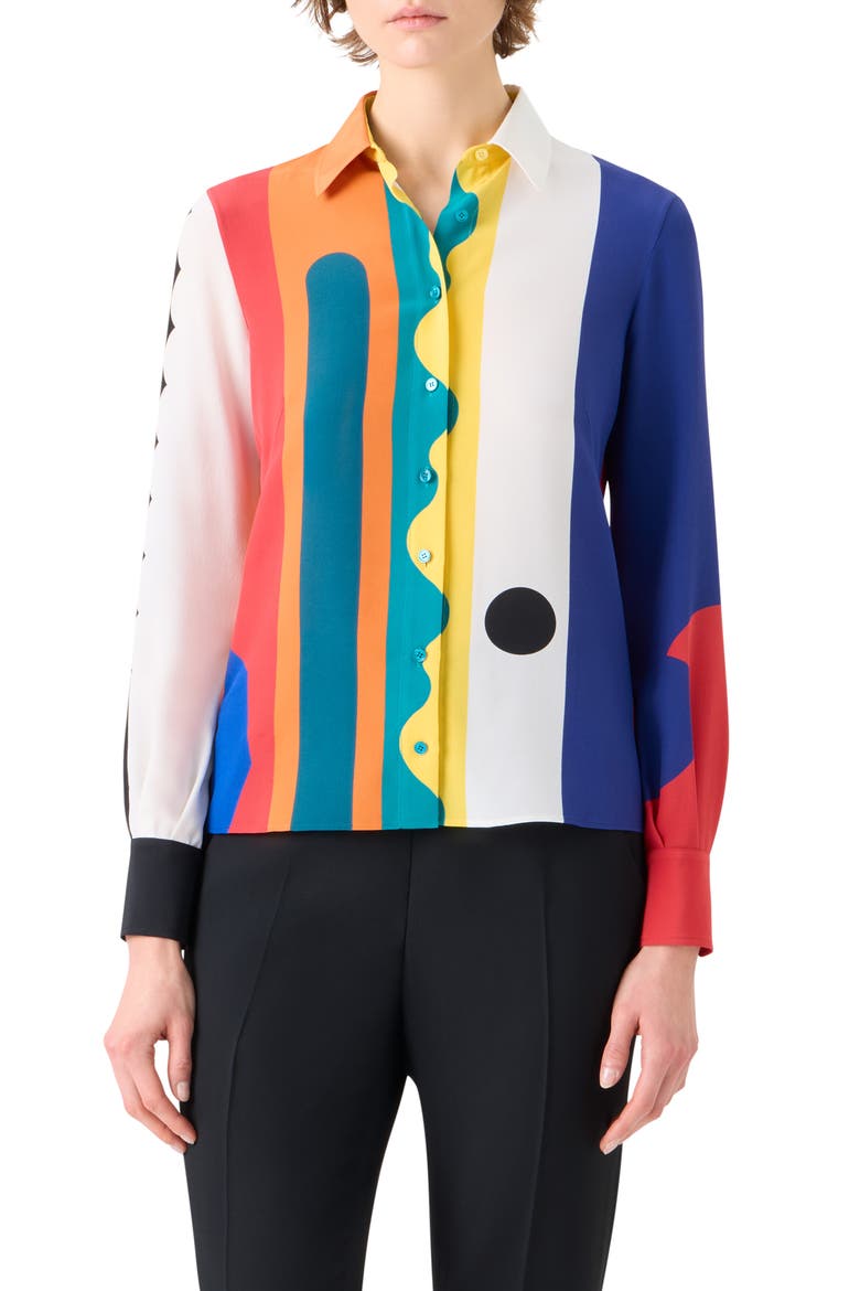 Paravent Print Silk Button-Up Shirt, Main, color, ORANGE MULTICOLOR