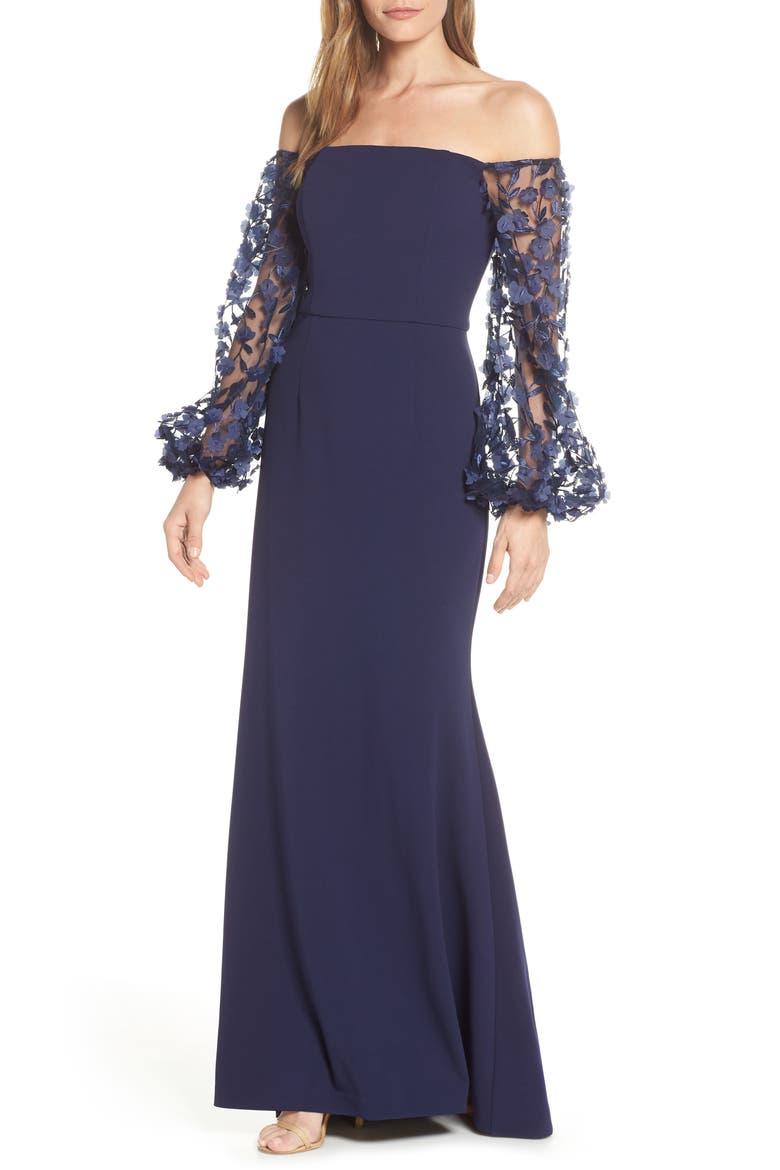 Floral Appliqué Long Sleeve Off the Shoulder Gown, Main, color, NAVY