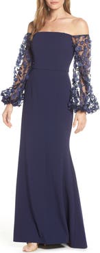 Eliza J Floral Appliqué Long Sleeve Off the Shoulder Gown