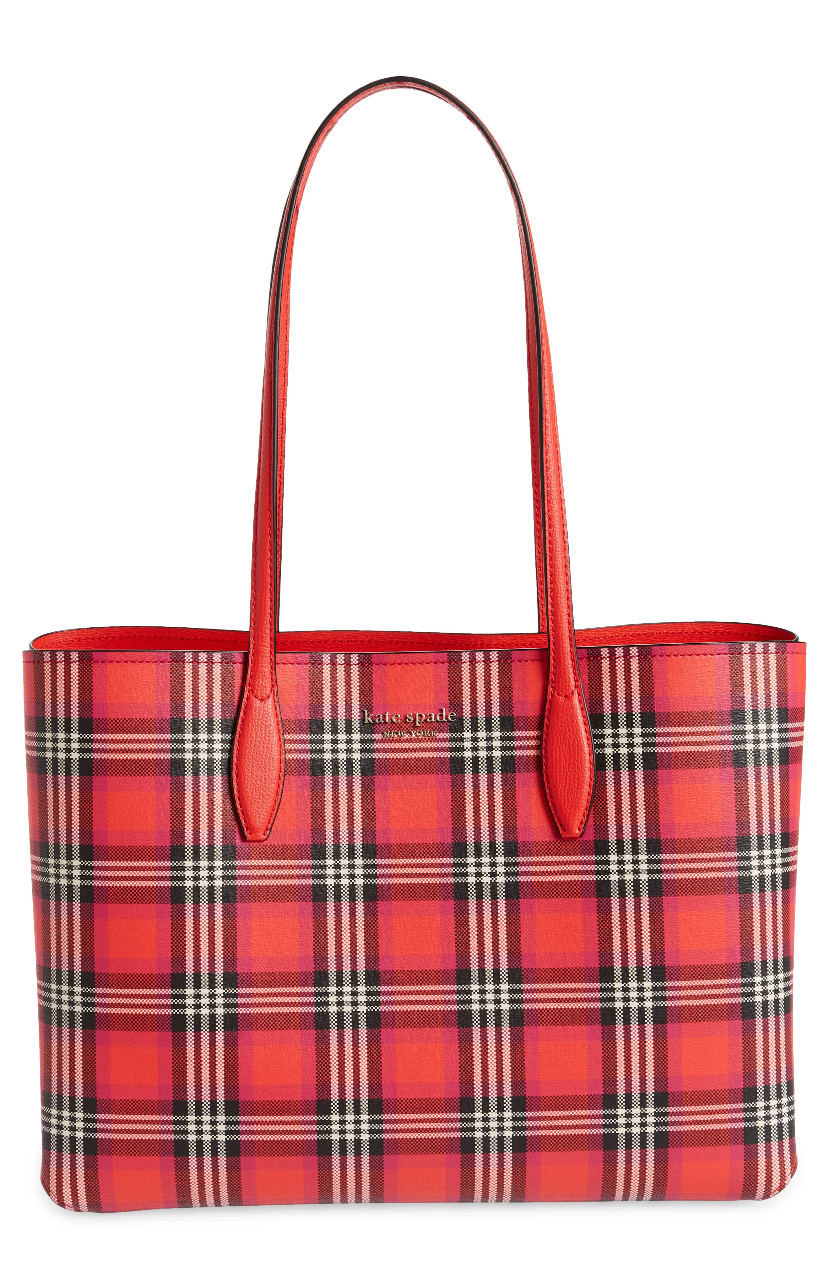 all day foliage plaid large tote, Main, color, PINK MULTI