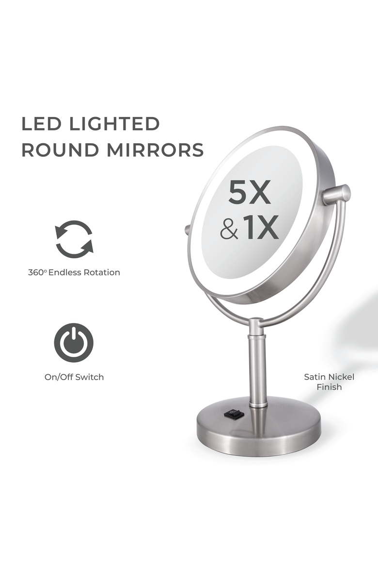 Laguna Lighted Makeup Mirror with 5X/1X Magnifications, Alternate, color, Satin Nickel