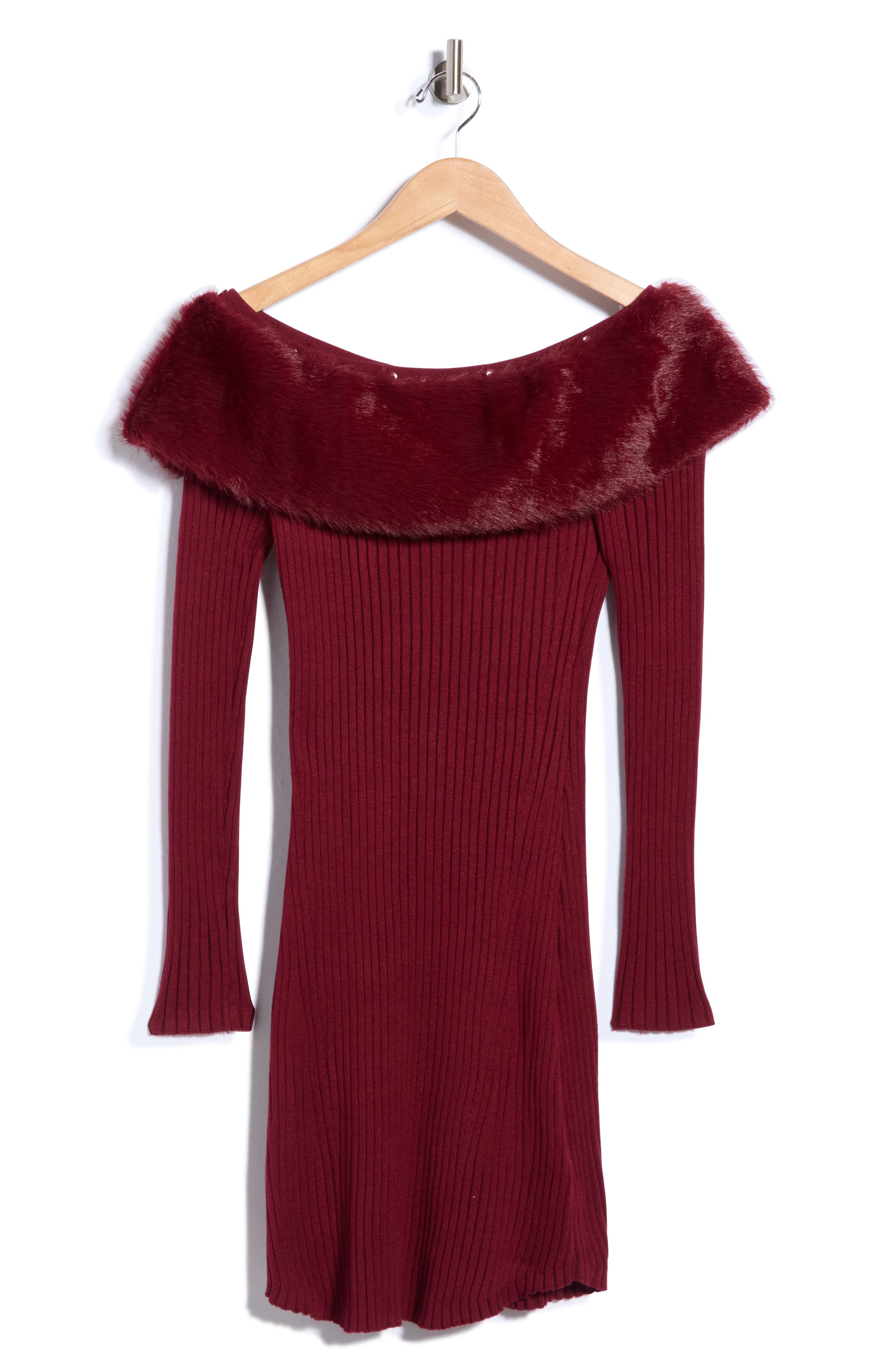 Faux Fur Trim Off the Shoulder Ribbed Minidress