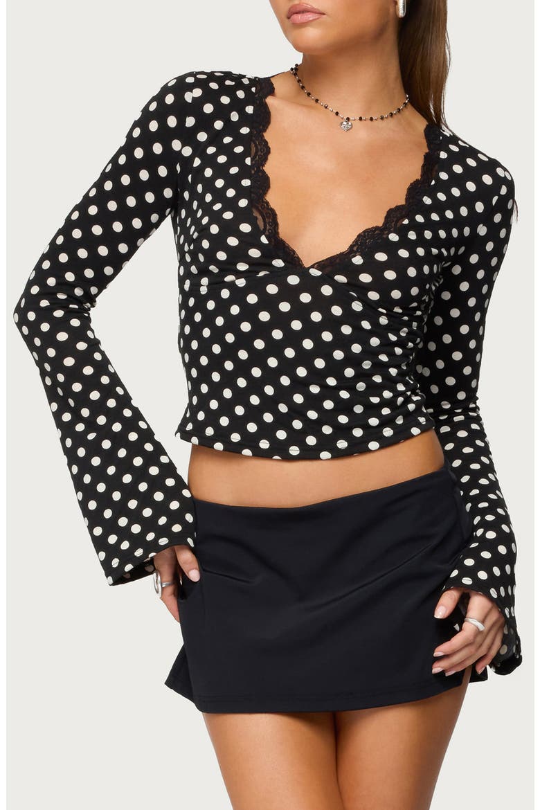 Lacey Polka Dot Long Sleeve Crop Top, Main, color, BLACK-AND-WHITE