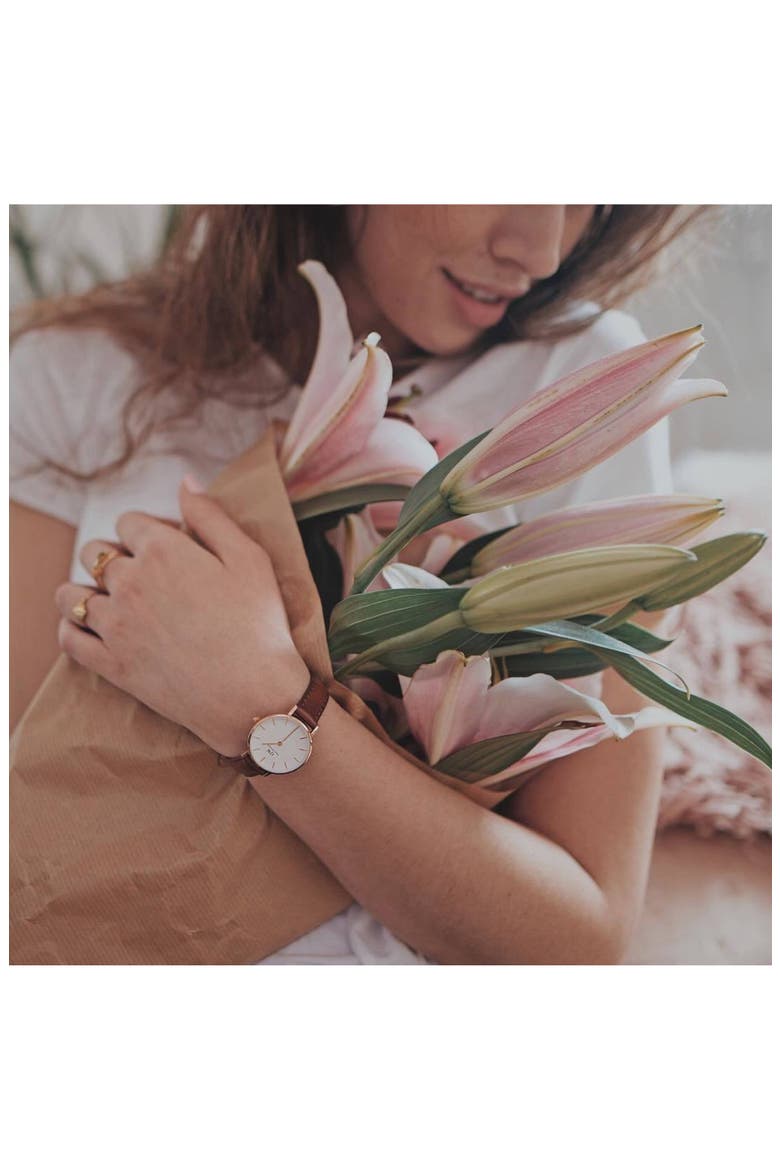Classic Petite Leather Strap Watch, 28mm, Alternate, color, BROWN/ WHITE/ ROSE GOLD