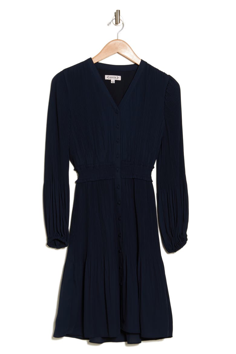 Pleated Long Sleeve Fit & Flare Dress, Alternate, color, NANETTE NAVY