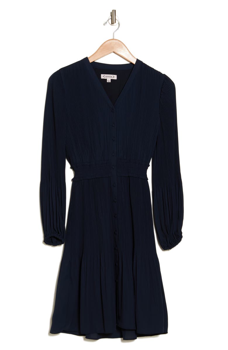 Nanette Lepore Pleated Long Sleeve Fit & Flare Dress, Alternate, color, Nanette Navy