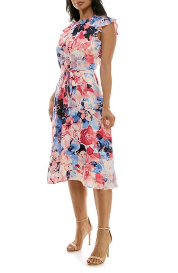 Shop Nina Leonard Smock Chiffon Midi Dress In Pacific Navy/cream
