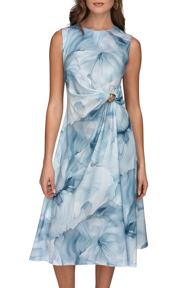 Donna Karan New York Floral Knot Detail Midi Dress, Alternate, color, Washed Indgo
