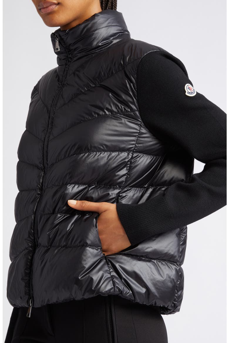 Quilted Nylon & Wool Knit Cardigan, Alternate, color, BLACK