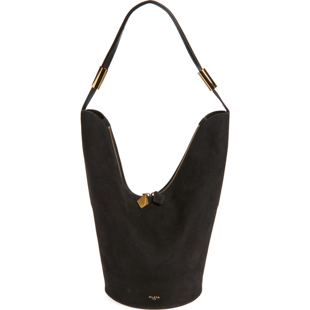 Alaïa Shape Medium Bucket Bag In Suede And Leather In Noir