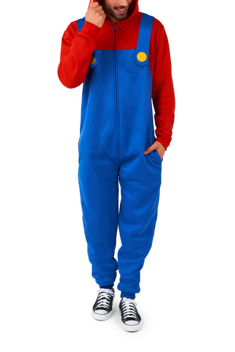 Super Mario™ Hooded Long Sleeve Fleece Jumpsuit, Main, color, BLUE