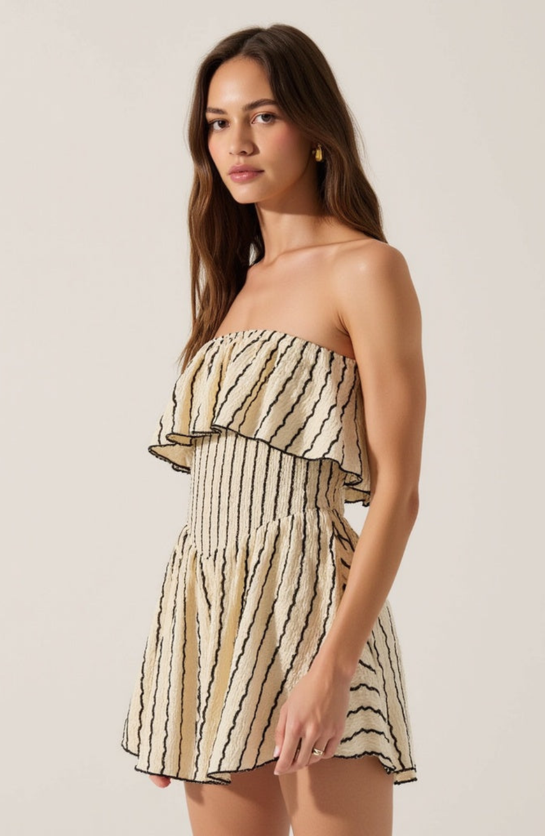 Modenaire Textured Strapless Mini Dress with Ruffled Bodice and Fitted Waist, Alternate, color, Beige / Black