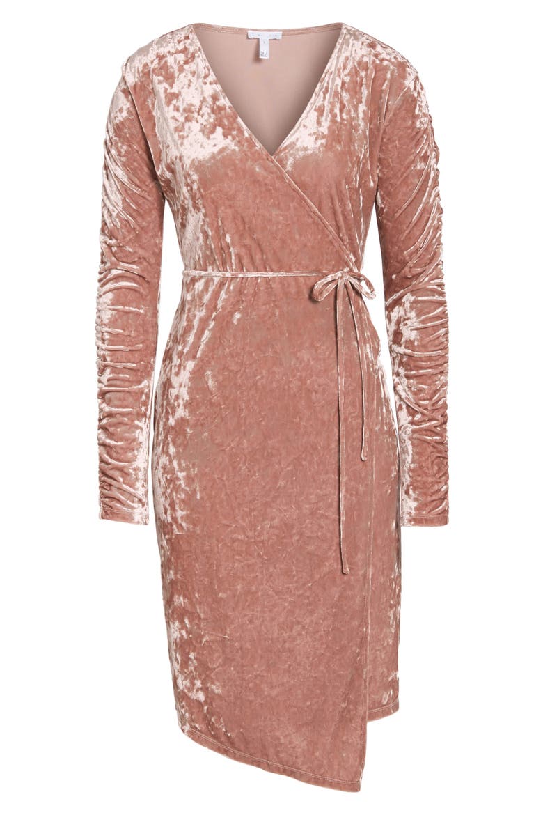 Ruched Velour Wrap Dress, Alternate, color, PINK ADOBE
