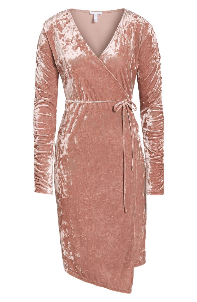 Leith Ruched Velour Wrap Dress, Alternate, color, 
