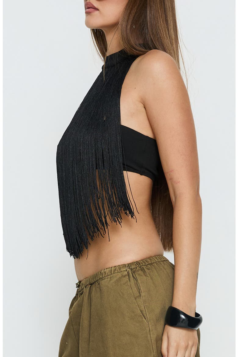Zephyrine Fringe Halter Neck Bralette, Alternate, color, BLACK