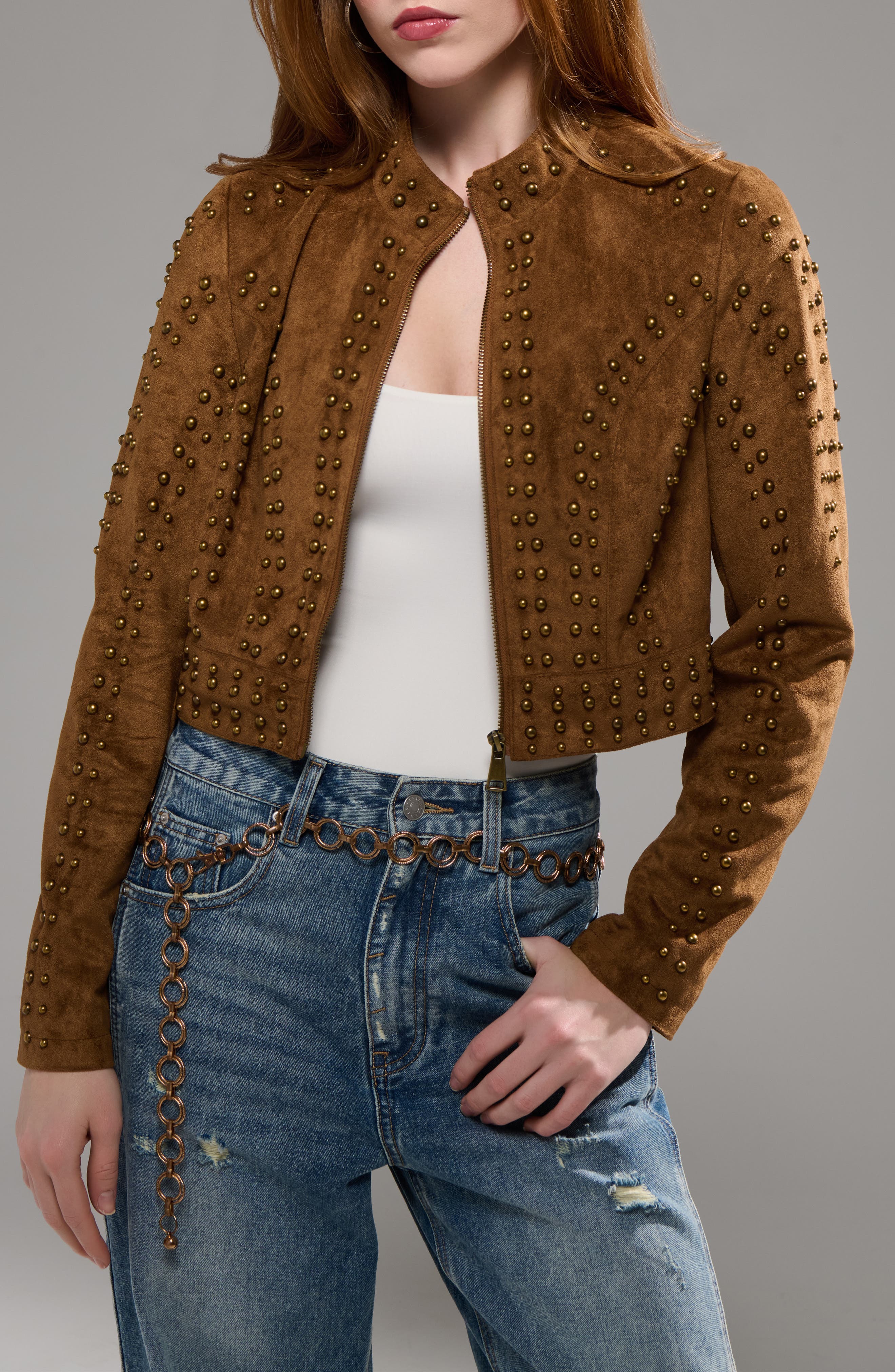 AZALEA WANG Silza Studded Faux Suede Moto Jacket (Women) | Nordstrom