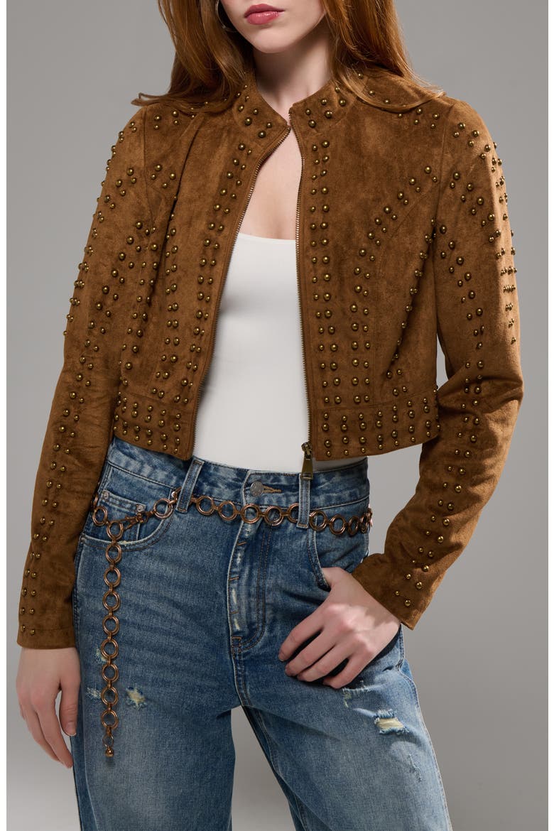 Silza Studded Faux Suede Moto Jacket, Alternate, color, BROWN