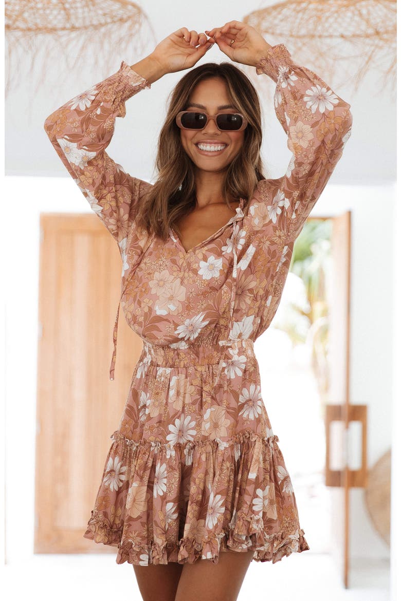 Kealan Floral Print Smocked Long Sleeve Tiered Minidress, Alternate, color, BROWN
