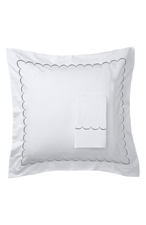 Set of 2 Scallop Embroidered 600 Thread Count 100% Cotton Euro Shams