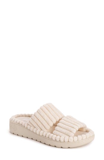 Muk Luks Cloud Ribbed Terry Double Strap Slide Slipper In Sand