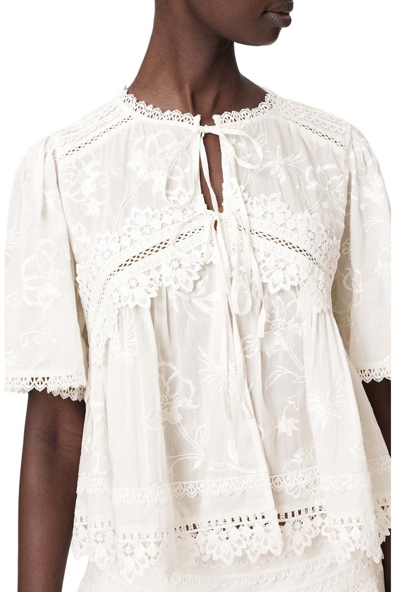 Lillith Floral Embroidered Lace Trim Tie Front Top, Alternate, color, DOVE WHITE