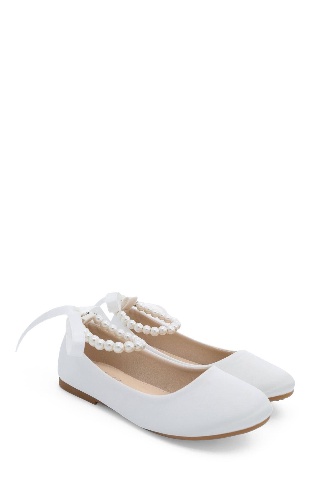 Kailee P Harper Satin Flower Girl Flats with All Pearls Ankle Strap, Alternate, color, White