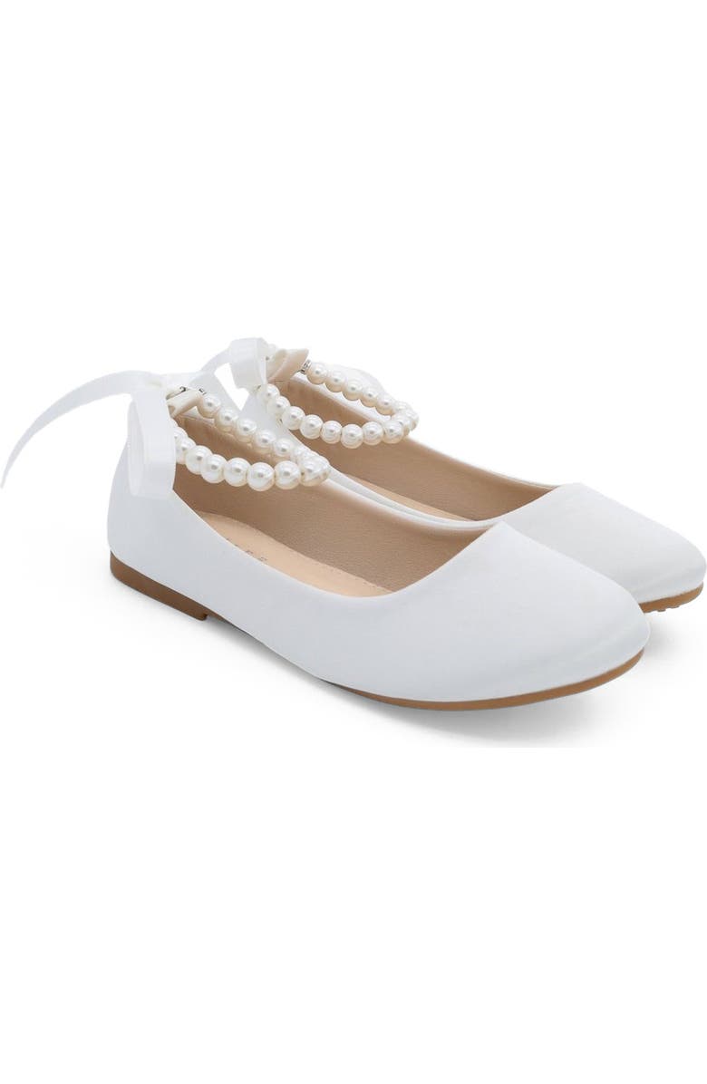 Kailee P Harper Satin Flower Girl Flats with All Pearls Ankle Strap, Alternate, color, White