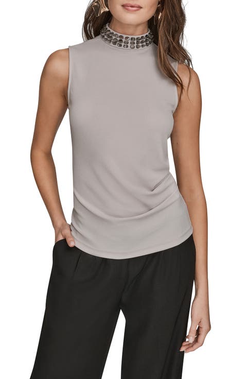 Beading Mock Neck Sleeveless Top