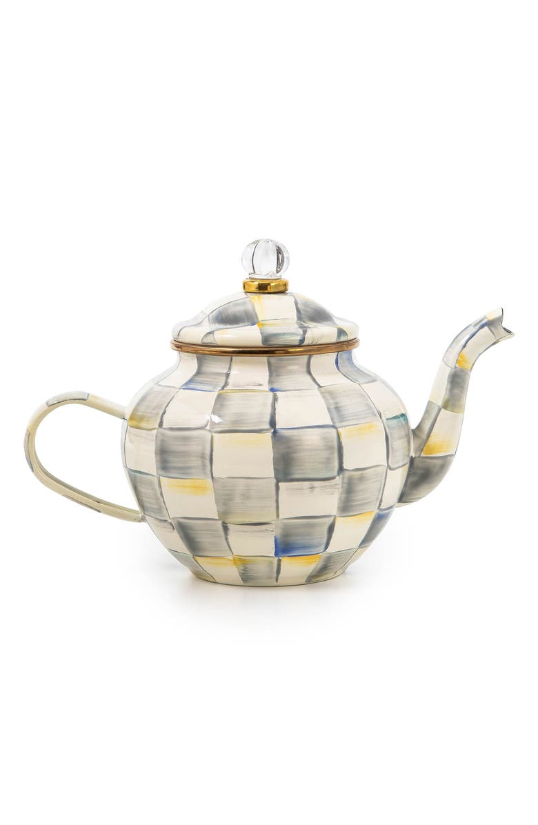 MACKENZIE CHILDS Sterling Check Enameled Steel Teapot, Main, color, Grey/ White