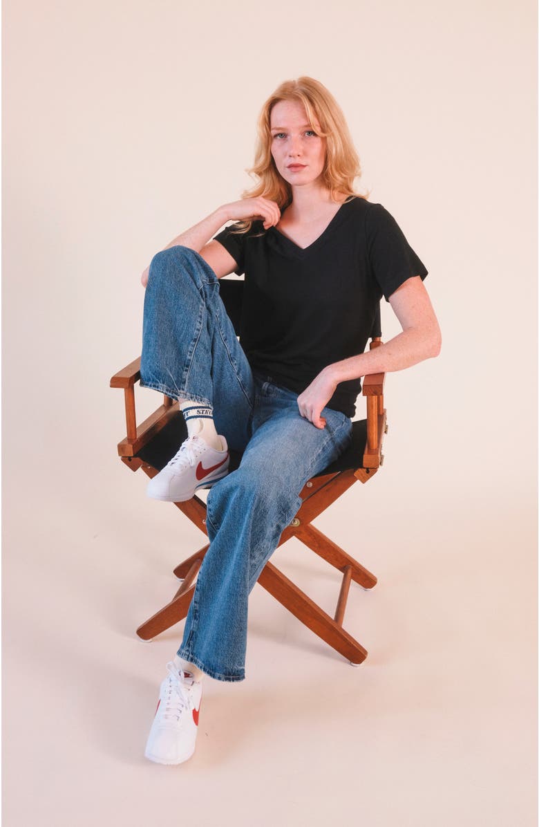 POPLINEN Louise Organic Cotton + Tencel V-neck Tee, Alternate, color, Black