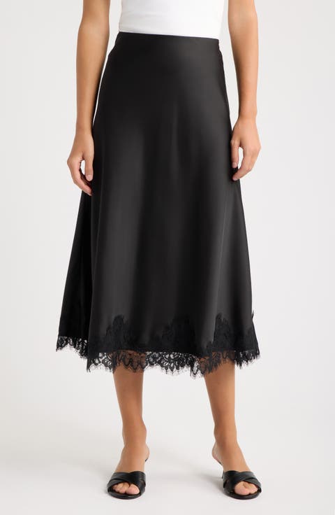 Lace Trim Satin Bias Midi Skirt