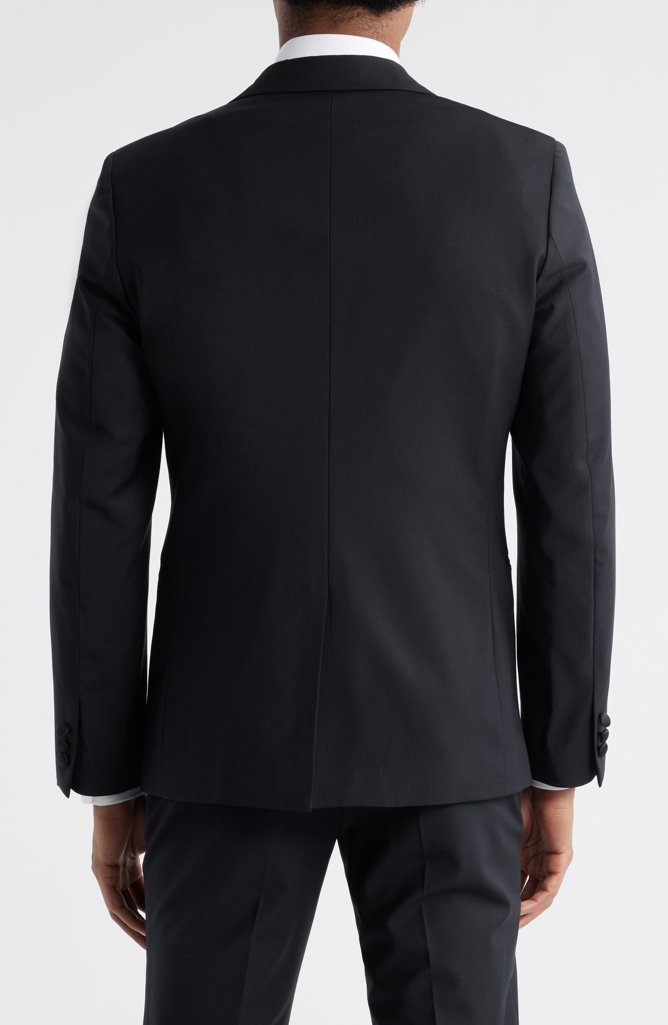 Black Peaked Lapel Stretch Wool Blend Tuxedo Jacket - image 2