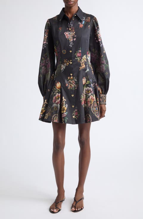 Floral Long Sleeve Stretch Cotton Shirtdress