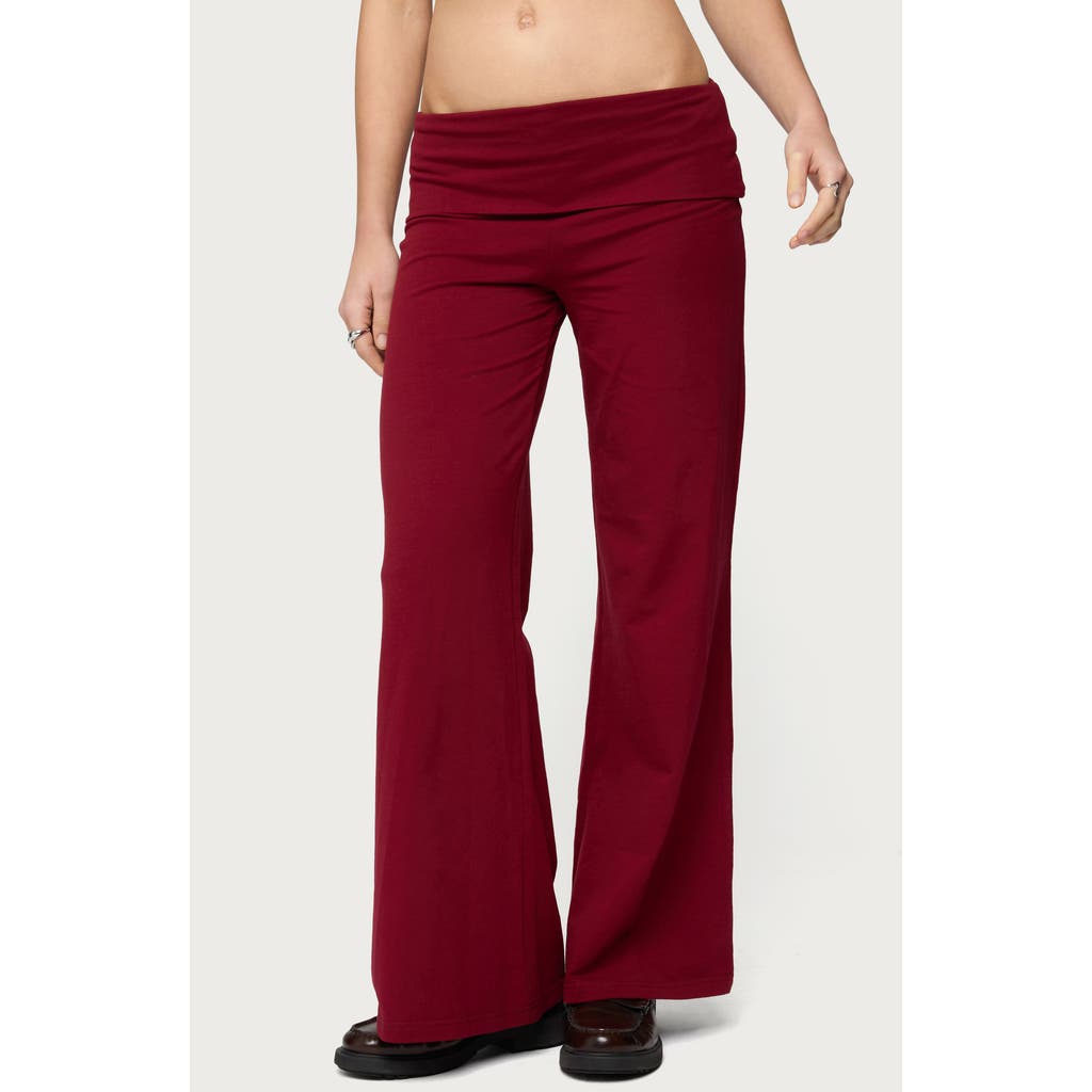 EDIKTED Wide Leg Foldover Cotton Pants in Burgundy at Nordstrom, Size X-Large