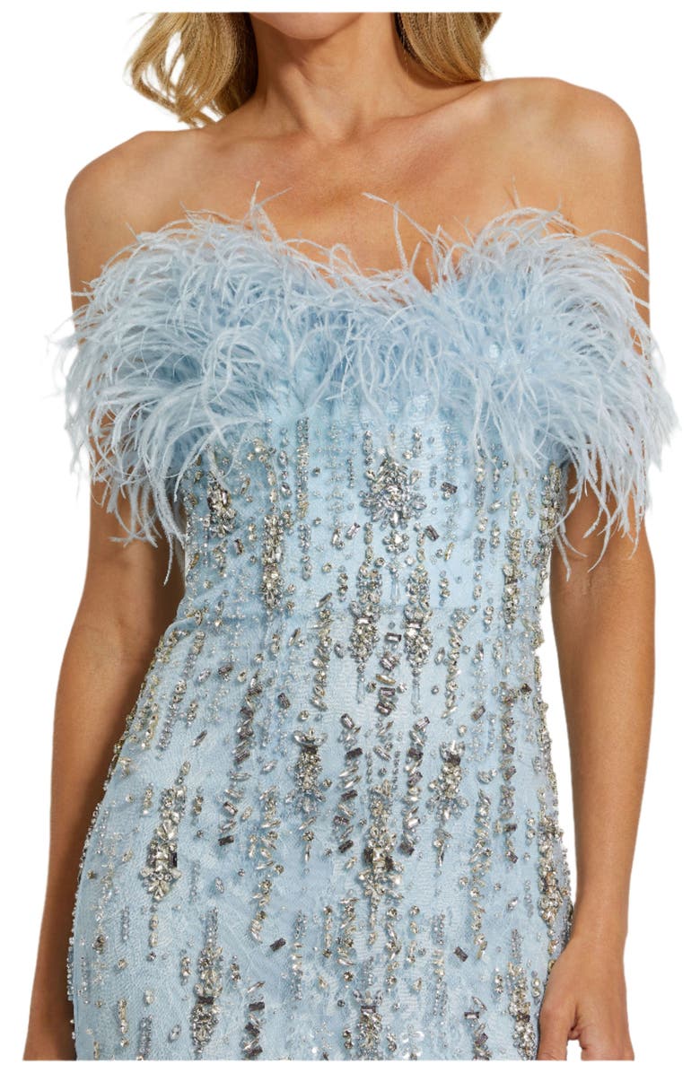 Mac Duggal Strapless Feather Embellished Mermaid Gown, Alternate, color, Powder Blue