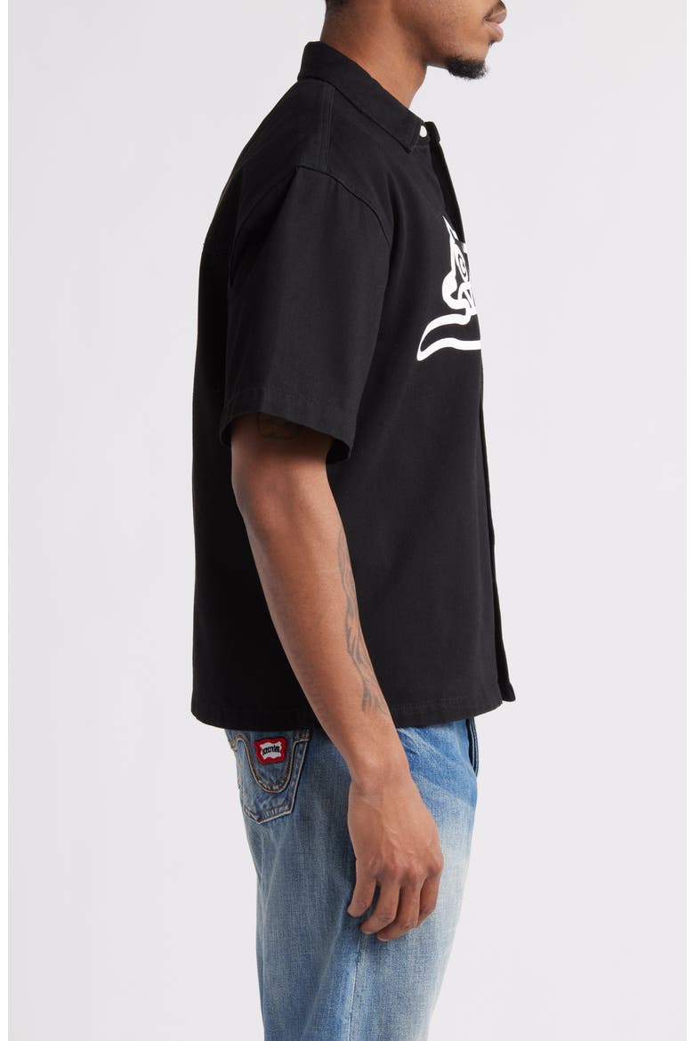 Running Dog Short Sleeve Denim Graphic Button-Up Shirt, Alternate, color, BLACK CARAMEL