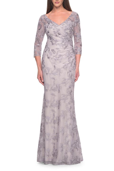 Pastel Lace Mother of the Bride Gown with Three Quarter Sleeves