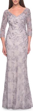La Femme Pastel Lace Mother of the Bride Gown with Three Quarter Sleeves