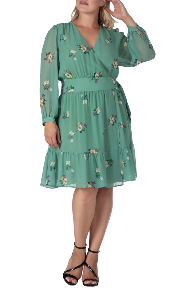 Long Sleeve Chiffon Wrap Dress, Alternate, color, SAGE GREEN FLORAL