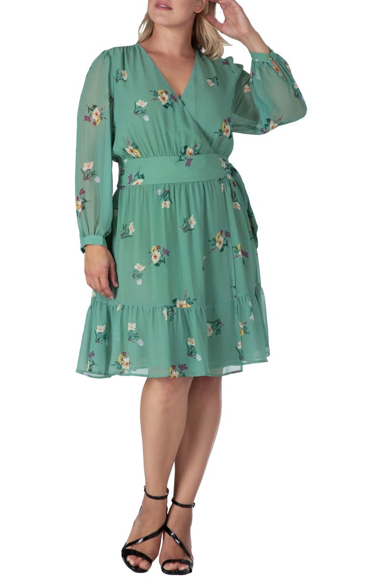 Standards & Practices Long Sleeve Chiffon Wrap Dress, Alternate, color, Sage Green Floral