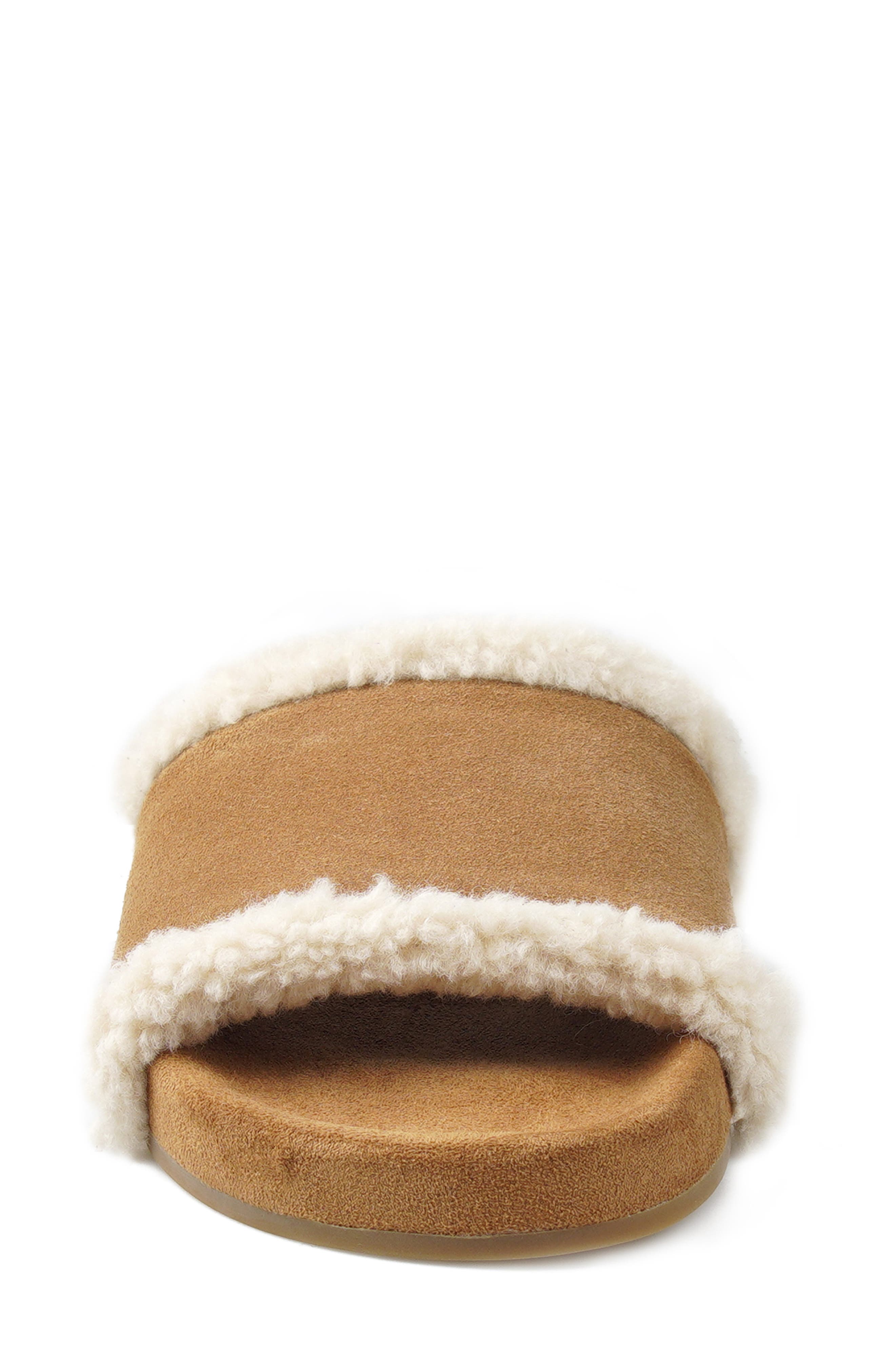 Tawney Faux Fur Trim Slide Sandal, Alternate, color, TAN SUEDE