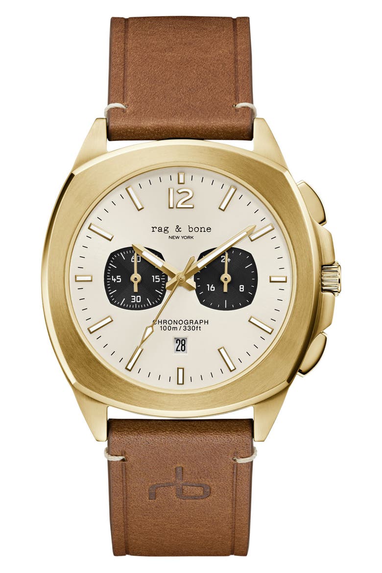 Bleeker Chronograph Leather Strap Watch, 42mm, Main, color, GOLD-TONE